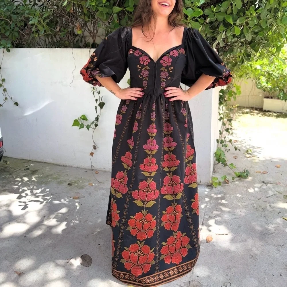 FARM Rio Black and Red Floral Long Dress Size S